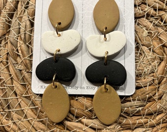 Unique Handmade Polymer Clay Statement Earrings/ Black Boho Stacked Dangles- So fun & lightweight!