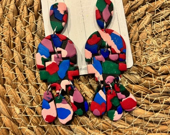 Unique Handmade Polymer Clay Statement Earrings/ Colorful Stacked Dangles- Literally weightless & so fun!