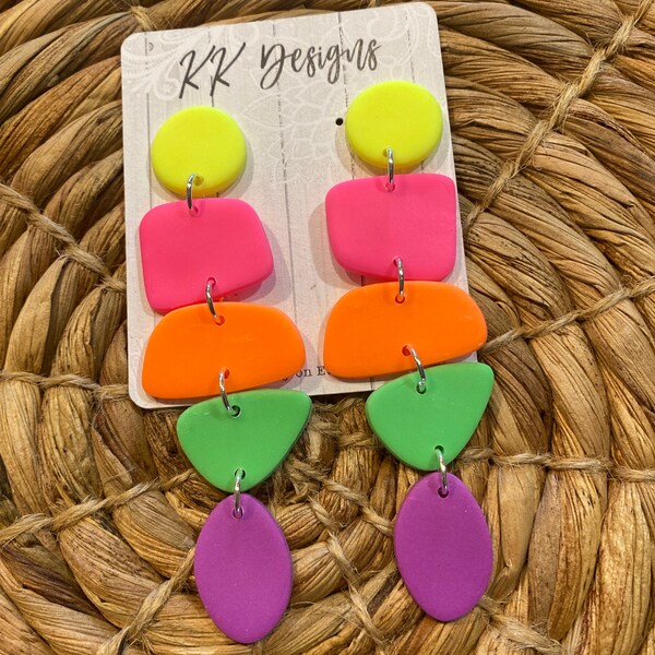 Unique Handmade Polymer Clay Statement Earrings/ Neon Stacked Dangles- Literally almost weightless and so fun!