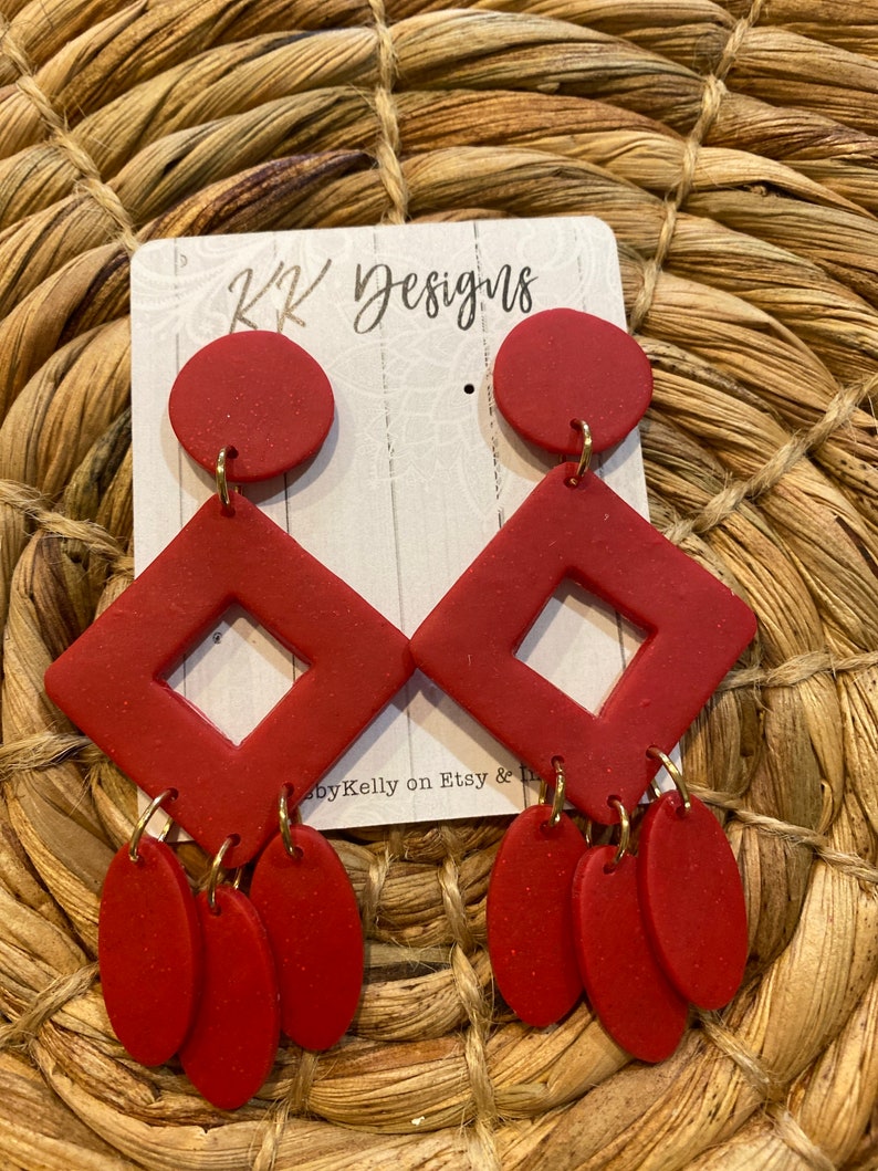 Unique Handmade Polymer Clay Statement Earrings Red Stacked Dangles-Super cute and literally lightweight!