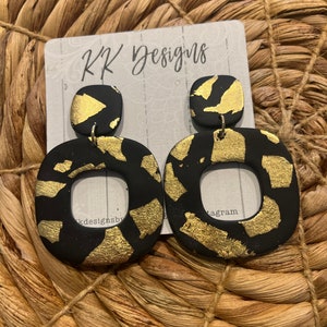 Handmade Polymer Clay Earrings: Black and Gold Chunky Hoop Dangles