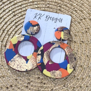 Unique Handmade Polymer Clay Statement Earrings/ Bright Colorful Hoop Dangles- So fun & lightweight!