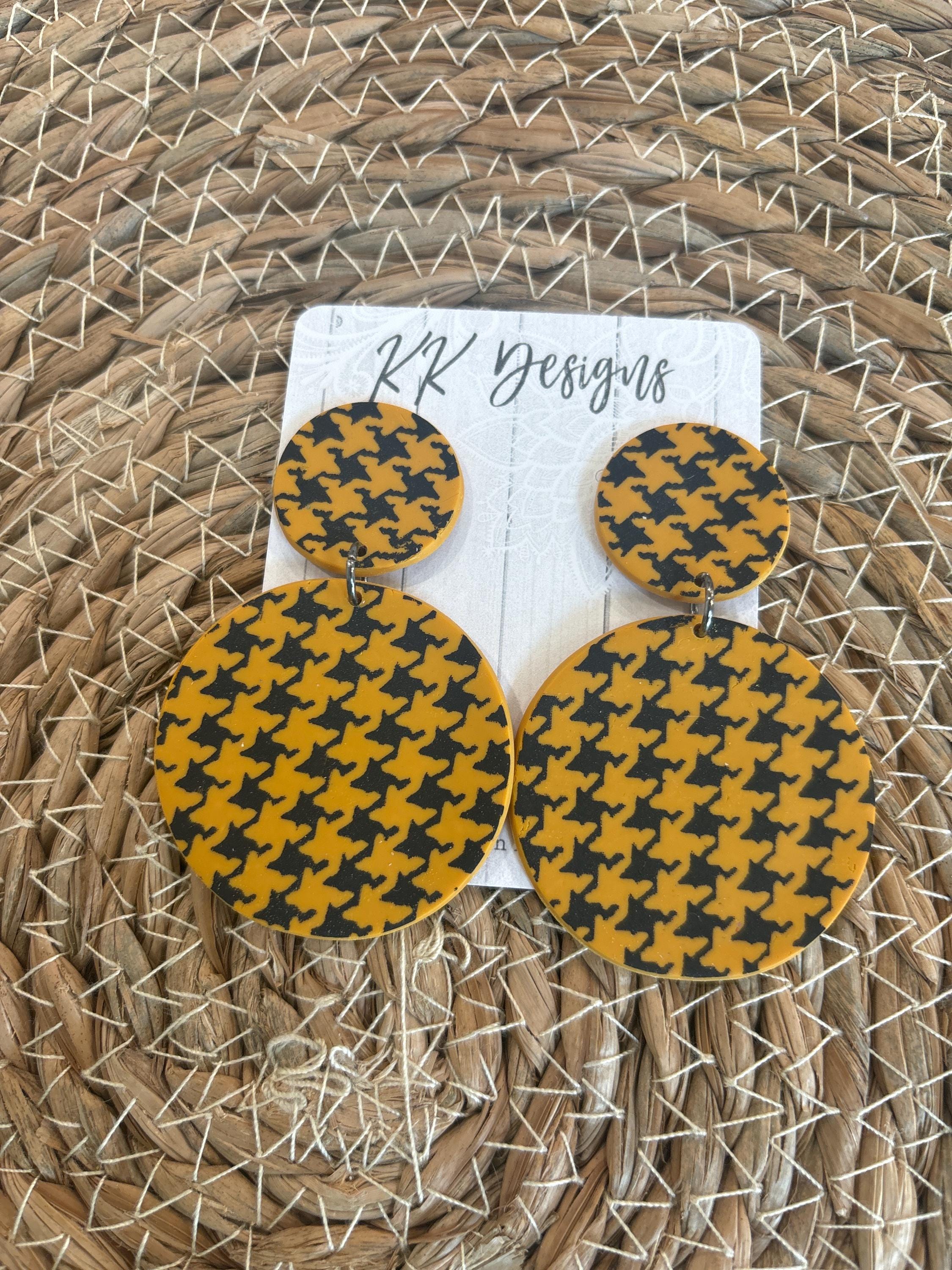 Handmade Polymer Clay Statement Earrings/XL Mustard and Black Houndstooth dangles- So Lightweight & comfortable!