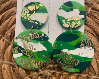 Unique Handmade Polymer Clay Statement Earrings/ Colorful XL Retro Circle Stacked Dangles with Gold Accent- Super lightweight & pretty!