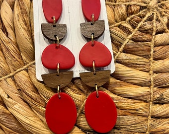 Handmade Polymer Clay Statement Earrings/ Red and wooden accent Stacked Dangles- so cute & lightweight!