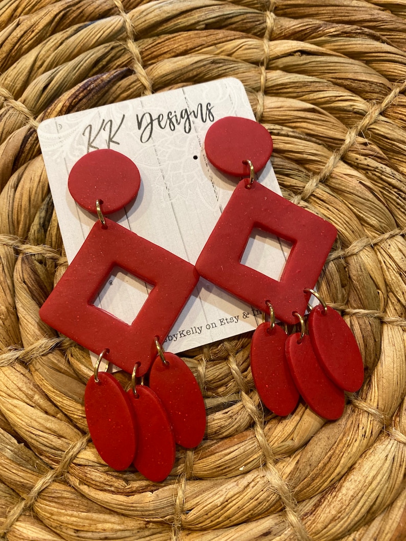 Unique Handmade Polymer Clay Statement Earrings Red Stacked Dangles-Super cute and literally lightweight!