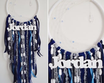 Choose your colours - large personalised name moon dreamcatcher wall hanging with glass crystal pendent