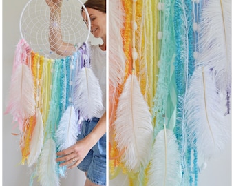 Large rainbow dreamcatcher, wall hanging with ostrich feathers