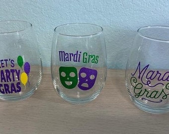 mardi gras stemless wine glasses
