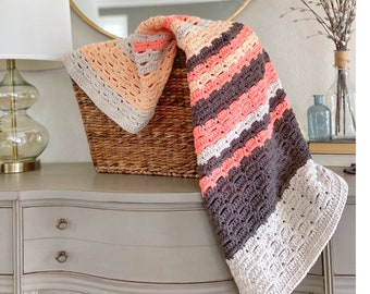 Handmade Coral Peach Stripes Crochet Baby Blanket Crib Blanket