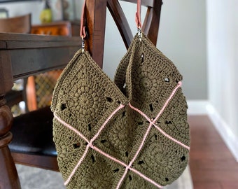 Olive and Pink Crochet Granny Square Cotton Bag with Leather straps for women