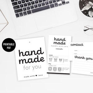 Printable: “Handmade for You” Etiketten für Strick-Häkel-Produkte, druckbare Pflege-Tags, Dankeskarten, Kontaktkarten, Bastelshow-Vorbereitung PDF