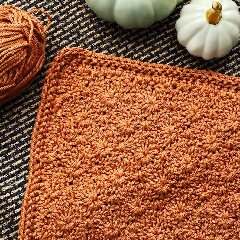 May include: A close-up of a crocheted square blanket in a burnt orange color. The blanket is made with a repeating pattern of small flowers.