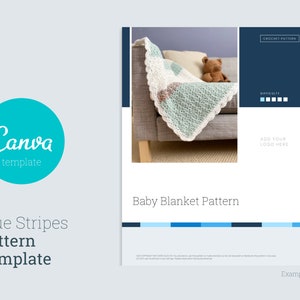 May include: A crochet pattern template for a baby blanket with blue stripes. The template includes a photo of a crocheted baby blanket on a couch, a teddy bear, and instructions for making the blanket. The text "Baby Blanket Pattern" is at the top of the template.