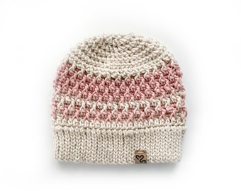Womens Pink Cream Crochet Alpine Beanie