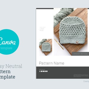 May include: A crochet pattern template for a gray neutral beanie hat. The template includes a space for a logo, the pattern name, difficulty level, and an example of the finished product.