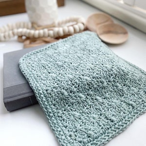 May include: A light blue crocheted dishcloth with a textured pattern.