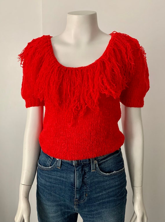 Awesome Vintage Nannell Red Short Sleeved Fringe … - image 1