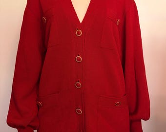 Vintage St. John for Saks Fifth Avenue Red Cardigan Sweater with Gold Buttons