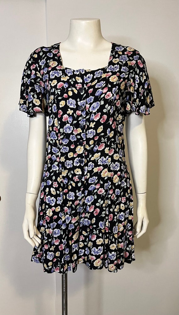 Vintage Black Floral Print Buttonup Romper Dress