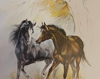 Vintage Paul Whitney Hunter Horses Western Print 8x10” 1979