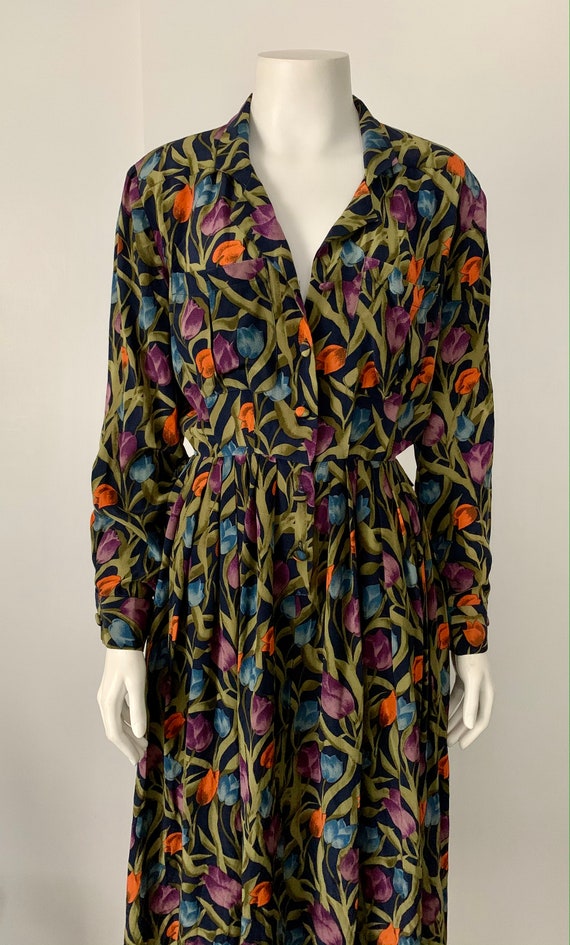 Vintage Floral Printed Silk Trent Nathan Midi Dres