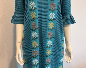 Vintage Striped Floral Knit Midi Dress with Peplum Trim