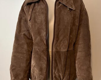 Vintage Suede Lakeland Tan Leather Bomber Jacket Zip Front Flannel Pocket