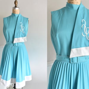 60s/70s Robin Egg Blue Embroidered Pleated Dress - Vintage