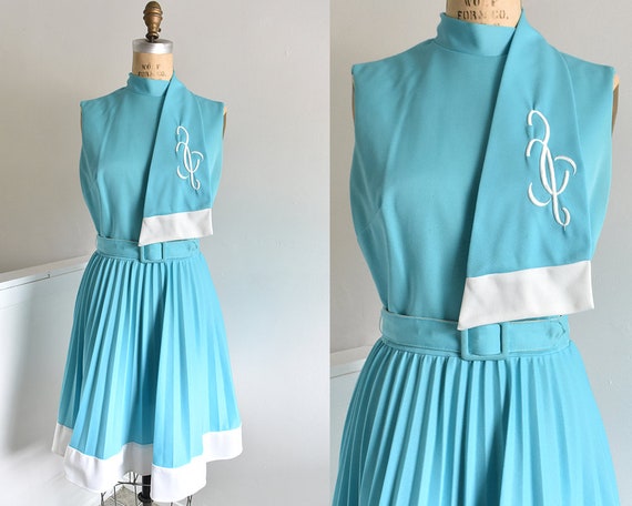 60s/70s Robin Egg Blue Embroidered Pleated Dress … - image 1