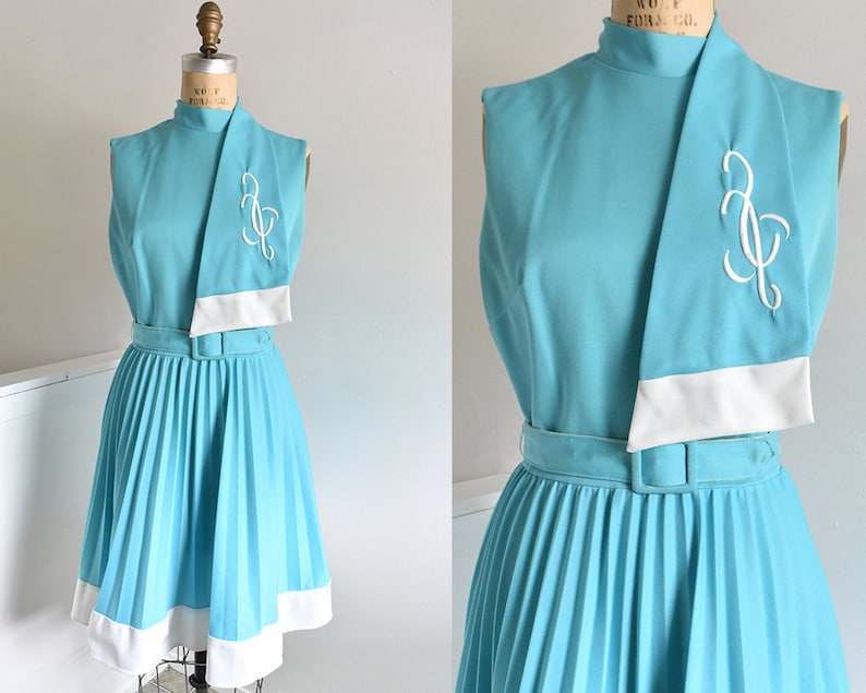 60s/70s Robin Egg Blue Embroidered Pleated Dress Vintage image 1