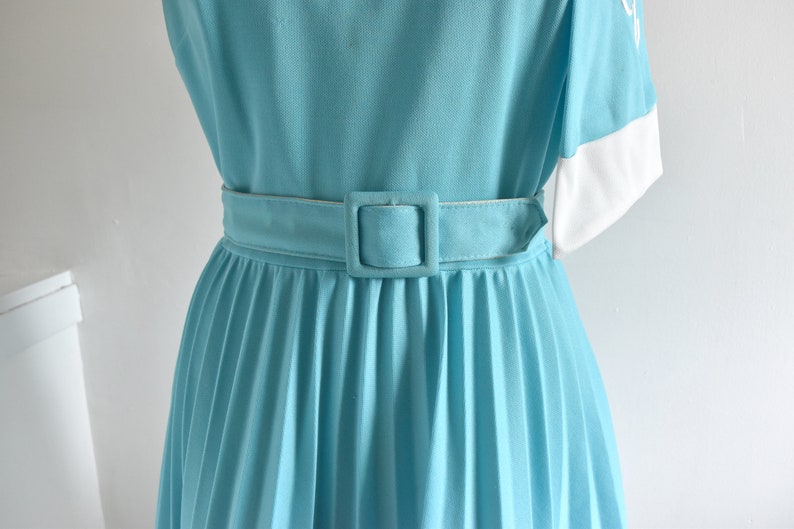 60s/70s Robin Egg Blue Embroidered Pleated Dress Vintage image 3