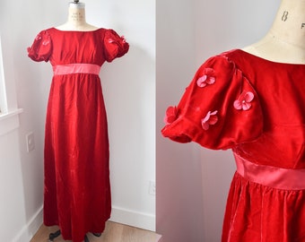 70s Red Emma Domb Empire Waist Velvet Velveteen Dress