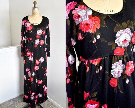 70s Rose Floral Black Maxi Dress Vintage Polyeste… - image 1