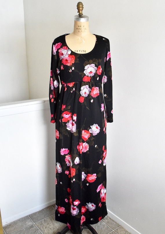 70s Rose Floral Black Maxi Dress Vintage Polyeste… - image 2