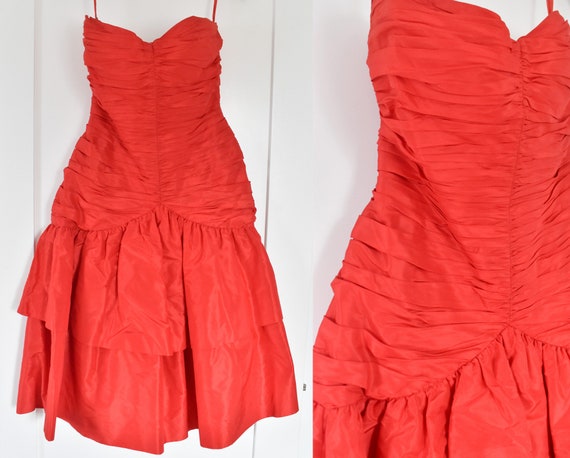 80s Red Taffeta Drop Waist Cocktail Dress with Sh… - image 1
