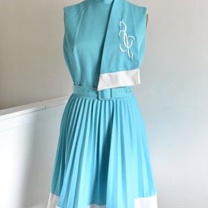 60s/70s Robin Egg Blue Embroidered Pleated Dress Vintage image 2