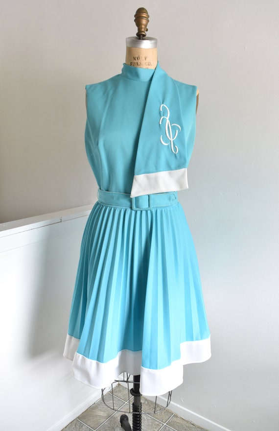 60s/70s Robin Egg Blue Embroidered Pleated Dress … - image 2