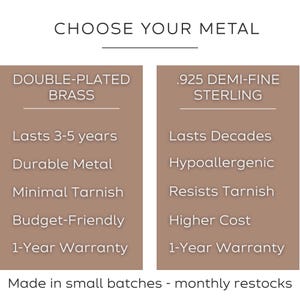 May include: Image comparing double-plated brass and .925 demi-fine sterling metals. The brass lasts 3-5 years, is durable, has minimal tarnish, is budget-friendly, and has a 1-year warranty. Sterling lasts decades, is hypoallergenic, resists tarnish, has a higher cost, and has a 1-year warranty.