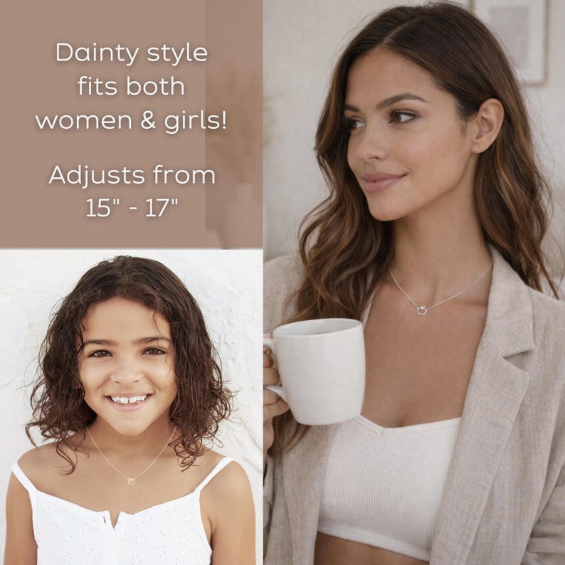 May include: A silver necklace with a small pendant is worn by a woman and a girl. The necklace adjusts from 38 to 43 cm. The text reads: "Dainty style fits both women & girls!"