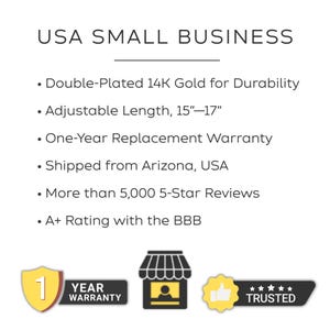 May include: Text graphic for a USA small business, highlighting features like double-plated 14K gold, adjustable length (38-43 cm), and a one-year warranty. Includes icons for a shop, a thumbs-up, and a "Trusted" badge.