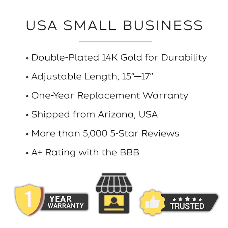 May include: Text graphic for a USA small business, highlighting features like double-plated 14K gold, adjustable length (38-43 cm), and a one-year warranty. Includes icons for a shop, a thumbs-up, and a "Trusted" badge.