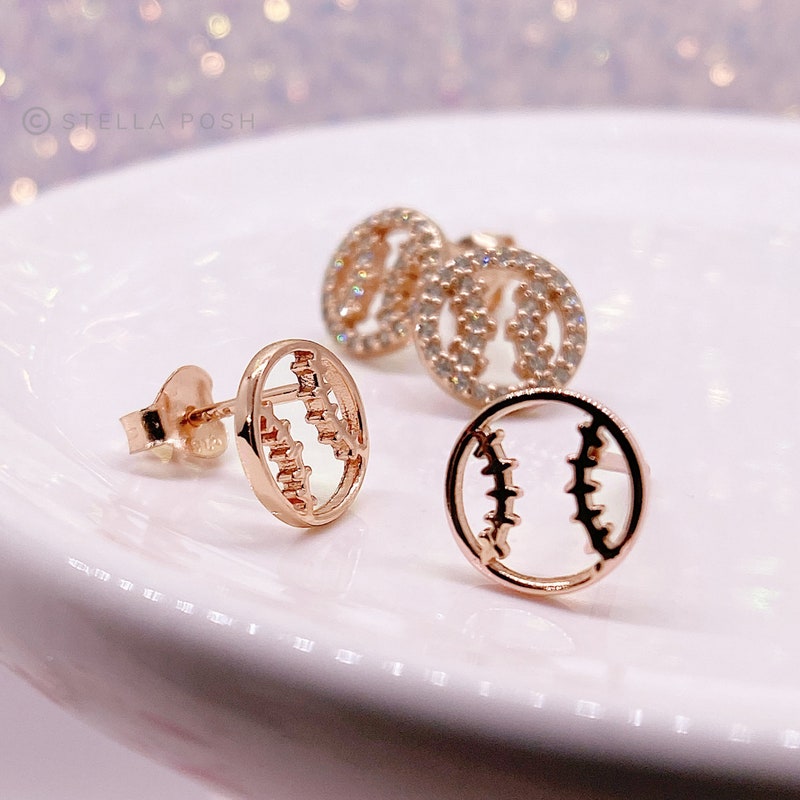 Tiny Softball Baseball Stud Earrings - .925 Sterling Silver Hypoallergenic and Tarnish Resistant