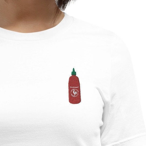 Sriracha Embroidered T Shirt, Hot Sauce Shirt, Kawaii Pocket Tee, Foodie Gift