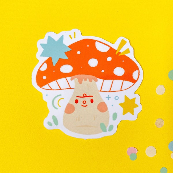 Mushroom Sticker - Shroom Friend - Funghi Fungi Fungus - Amanita muscaria - Fall Autumn - Cute Kawaii Laptop Water Bottle Sticker