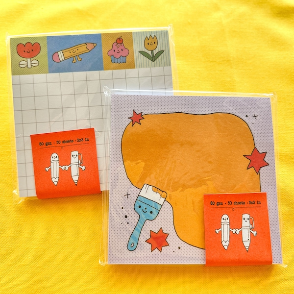 Paint Splash & Grid Sticky Note Pads (painter artist paintbrush memo pad cupcake flowers red yellow pencil cute characters happy kawaii)