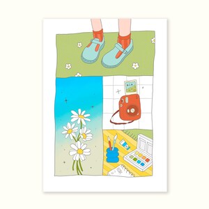 Affiche artistique « Pique-nique d'été » – Marguerites, appareil photo, carte postale (12,7 x 17,8 cm)