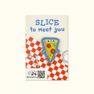 Rebanada para conocerte, pin de pizza, feliz, lindo, caricatura, amante de la comida, pin de solapa acrílico, pizza de queso kawaii, caprichoso, divertido, cara sonriente