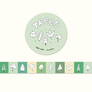 Taśma washi Smiley Trees - zielone liście kawaii, las, natura, planer i dziennik, dekoracyjna taśma, liście, drzewa iglaste, klon, dąb