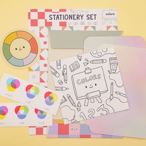 Juego de papelería con sistema de colores, kit para escribir cartas, tarjetas de felicitación, hojas para cartas, sobres, pegatinas, Bauhaus colorido para diseñadores y escritores.